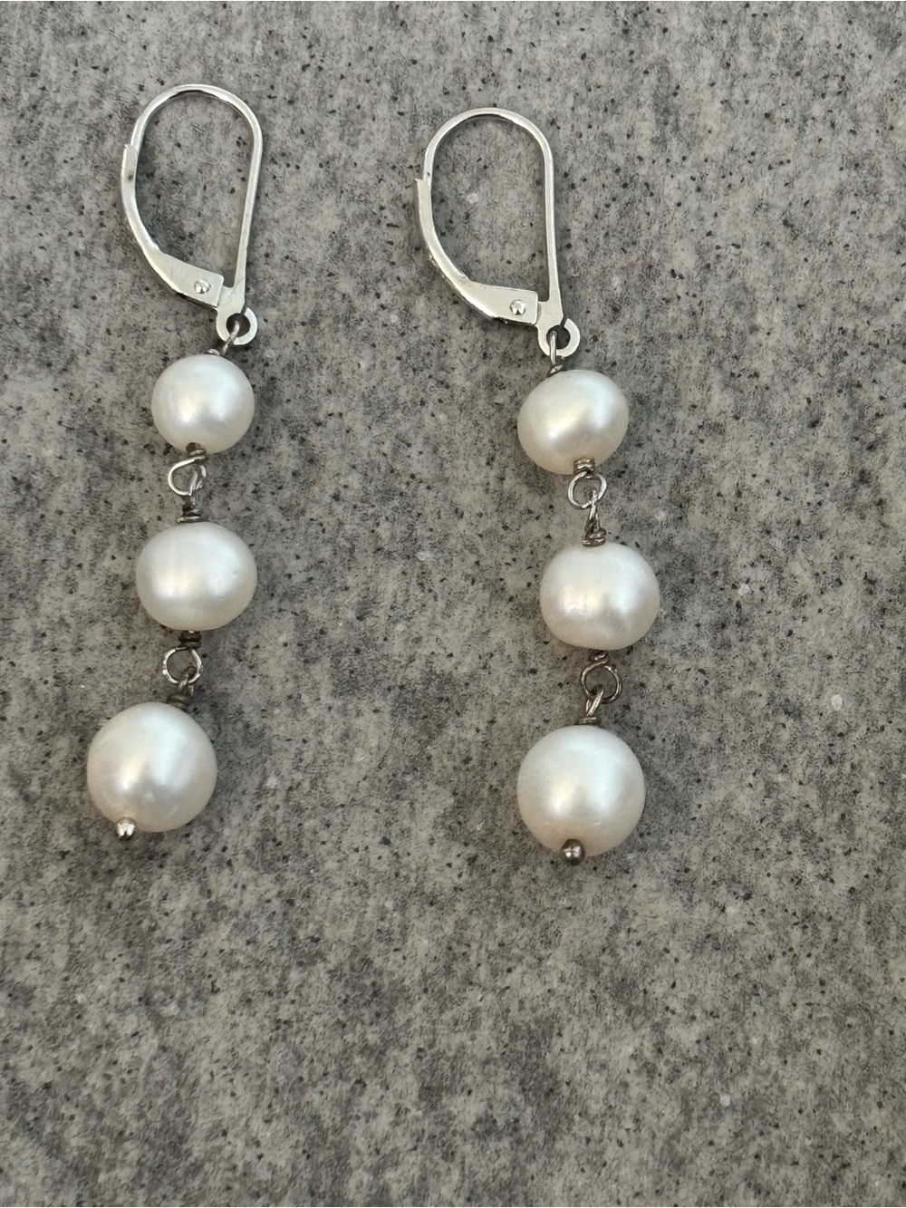 .925 Sterling Silver Real Pearl Drop Lever-Back Earrings White Pearlescent Trio